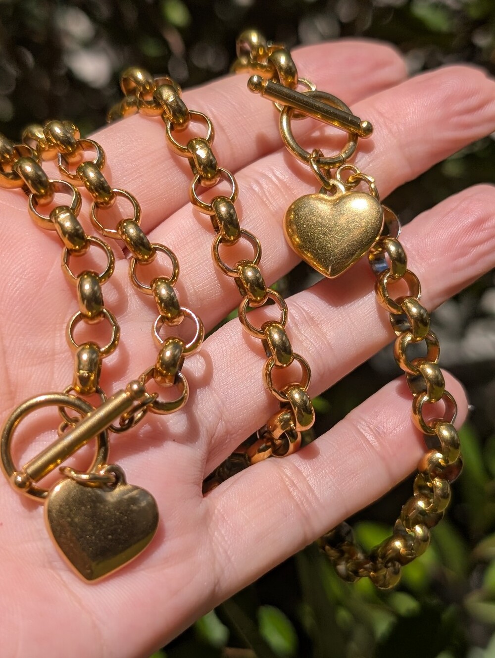 Gold Tone Plated Chunky Toggle Heart Charm Necklace And Bracelet Set